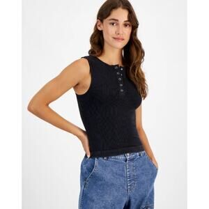 NEW Planet Heart Black Ribbed Henley Tank Top Large Stretch Seamless Slim Fit